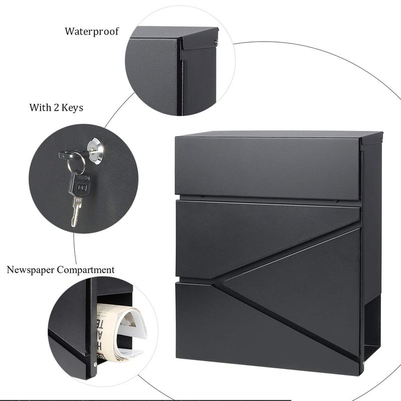 Jssmst Locking Mailbox Wall Mount- Waterproof mailboxes with Secure Key Lock and Newspaper Compartment, Key Lock Drop Box Extra Large Capacity, 12.9 x 4.1 x 14.2 Inch, Black, SM-HPB933 New - Image 5